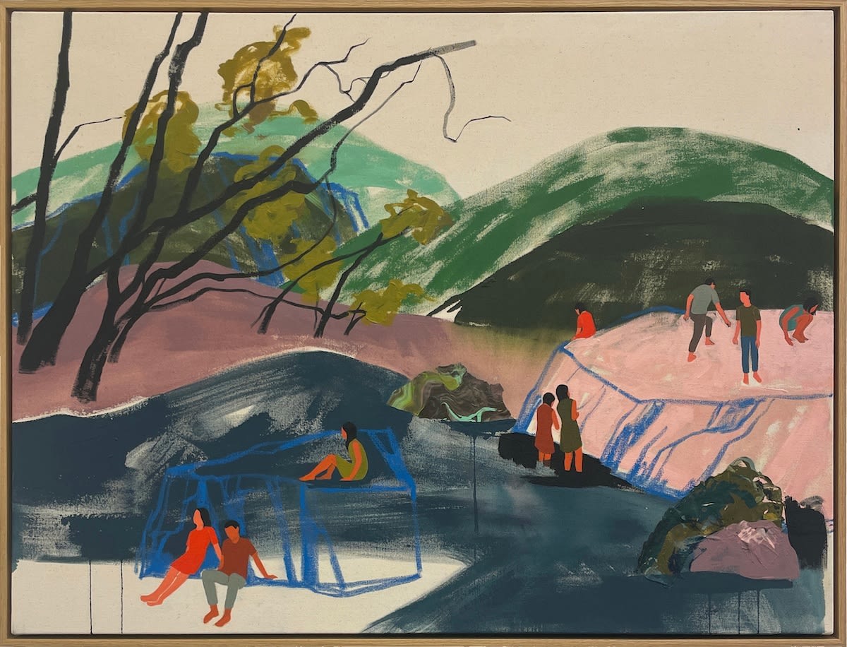framed painting of various people standing and sitting around a hilly natural environment
