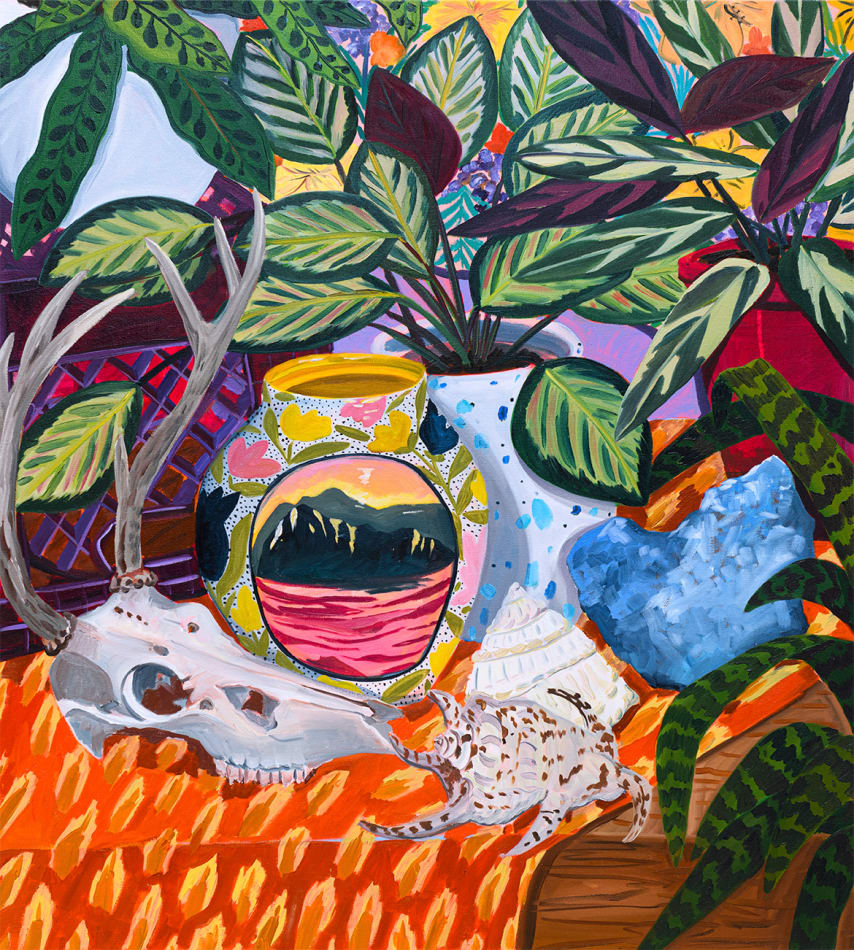 Anna Valdez - colorful oil painting with plants and animal skull