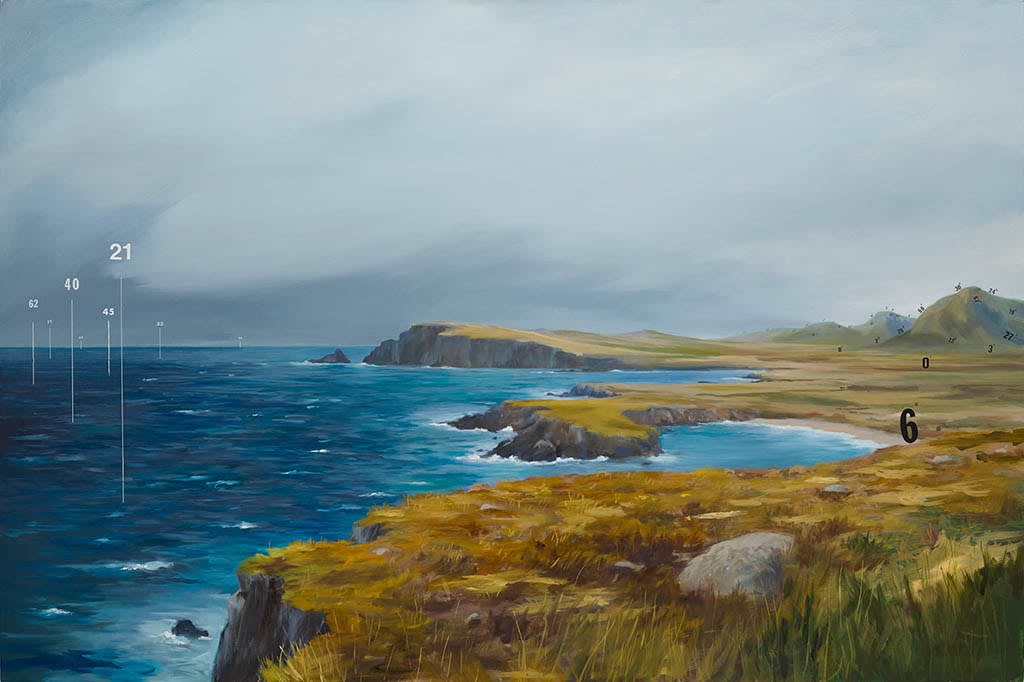 A painting of an ocean and cliff landscape with small numbers measuring angles and depth