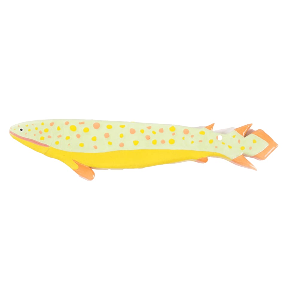 ceramic wall hanging of a yellow and orange prehistoric fish