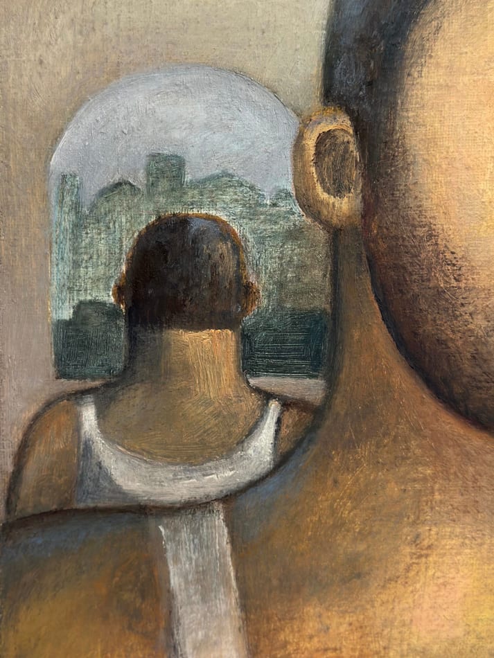 one male figure lookout out with another male figure with his back turned behind him detail