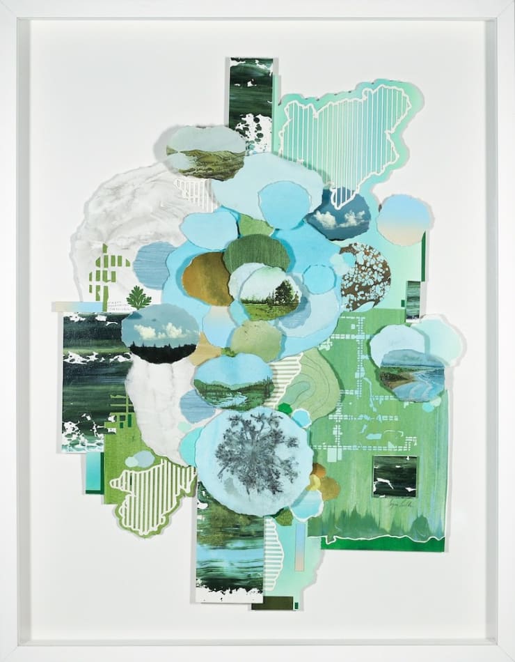 Multimedia collage of earthy elements, drawings, and paintings, in blue and green with a white frame