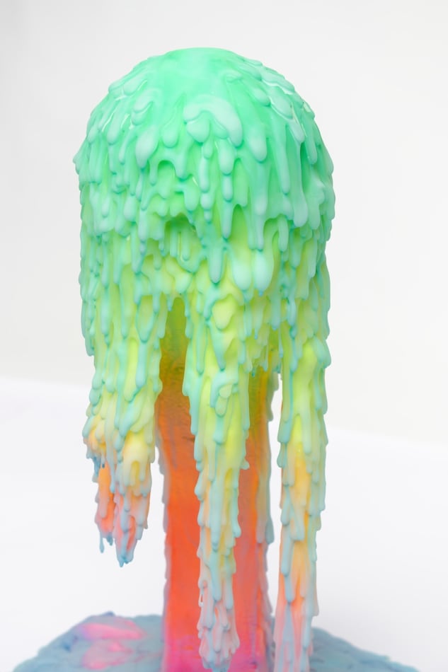 Dan Lam slime sculpture with gradient of green, red, and blue