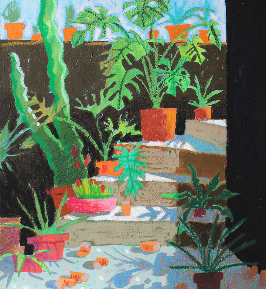 painting of an exterior set of stairs, filled with plants and discarded cans by Nicholas Bono Kennedy
