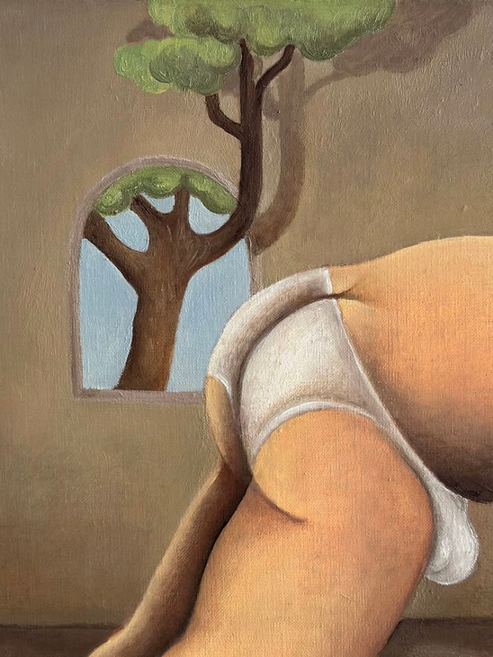 painting of a male figure curled over himself with a tree coming in from the window detail
