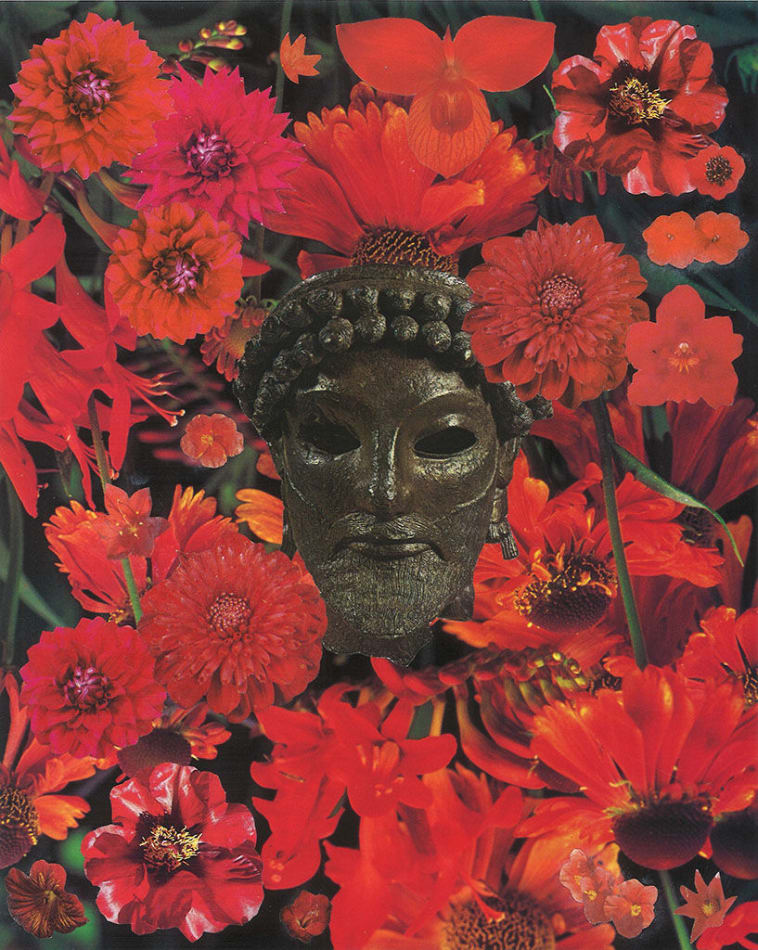 brown statue head surrounded by various red flowers
