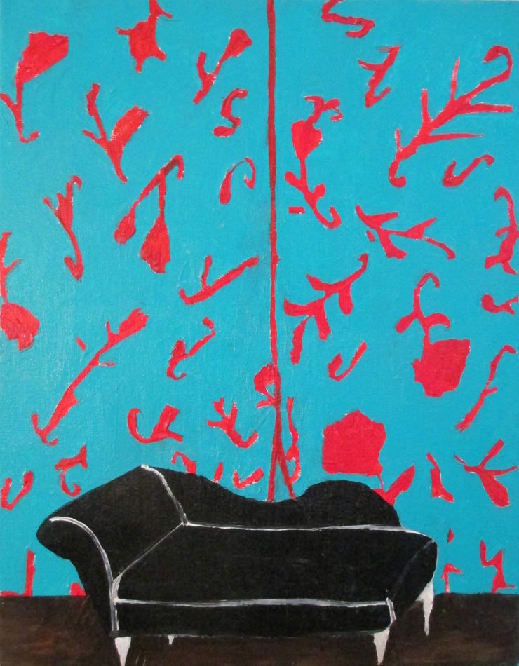 Polly Shindler, Teal Curtains with Setee, 2017