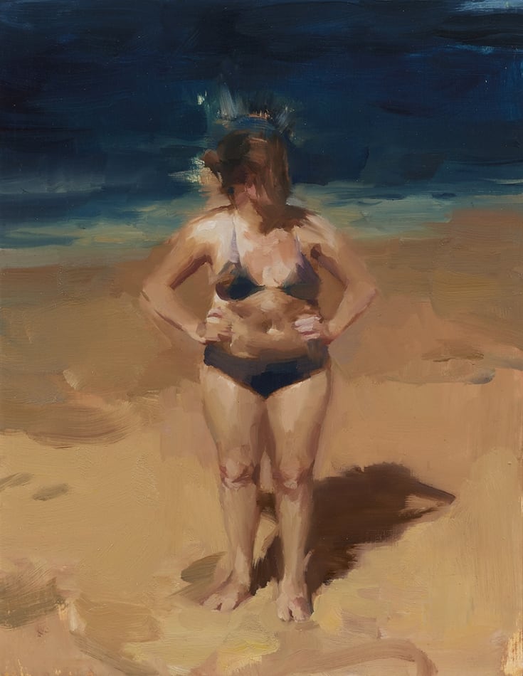 painting of a woman in a bathing suit standing on the beach