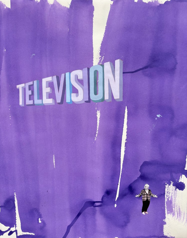Painting with large purple vertical paint strokes in the background covering the paper with the word
