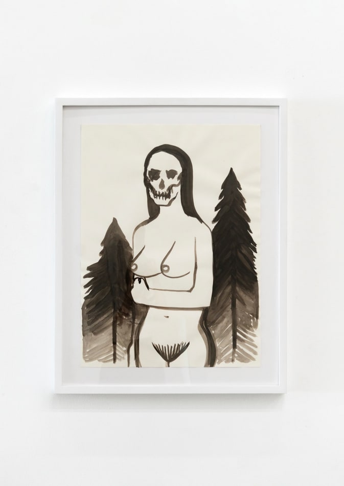 Corey K. Lamb - black and white ink drawing of nude woman with skull for a face in front of trees