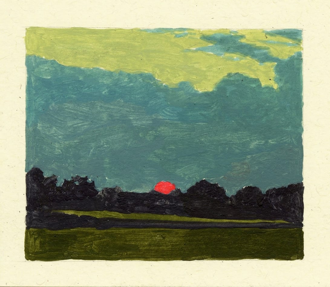 painting of a landscape with setting sun and pale yellow border