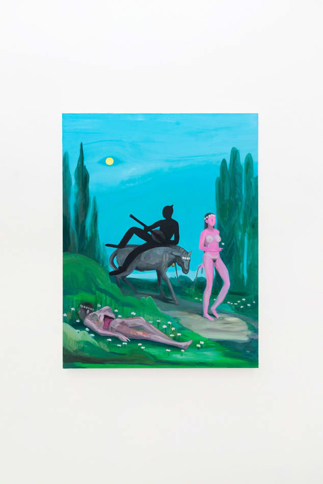 Corey K. Lamb - female figure leads horse with shadowed figure riding past body in grass
