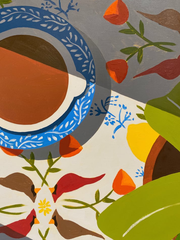 Natalia Juncadella painting of coffee cup and plants on background with birds and lemons detail