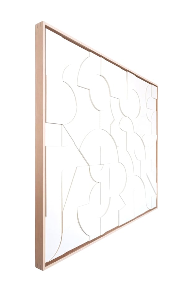 Scott Albrecht wood relief painting, all white abstract forms