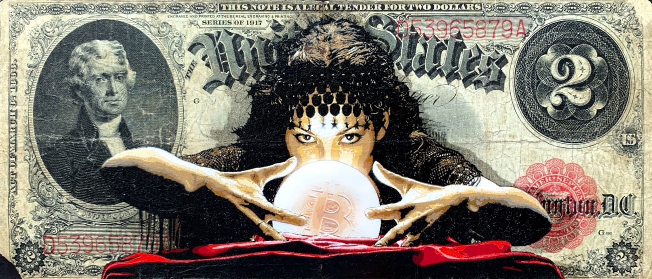 Stencil of a fortune teller gazing into a crystal ball on an antique Two Dollar bank note by Penny