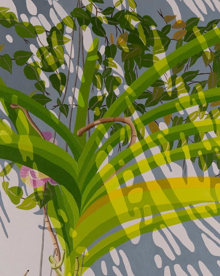 detail of Natalia Juncadella painting of orchid, plant and roots, shadows
