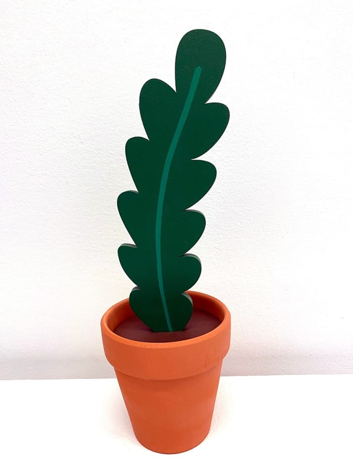 Jeff Canham wooden sculpture of plant in terra cotta pot