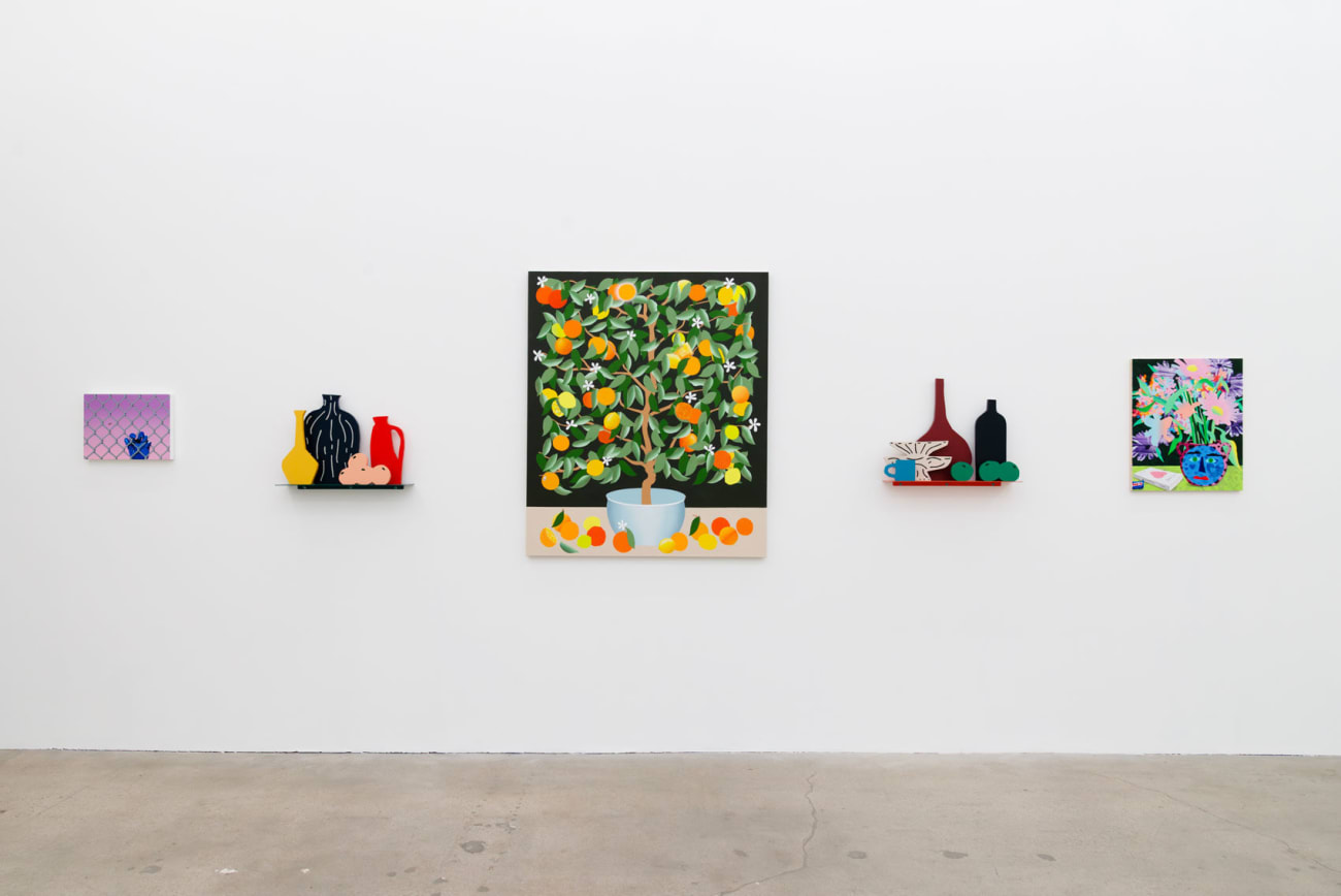 Installation image of Brown Vase, Black Bottle, 2 White Bowls, Blue Mug and 3 Apples at Hashimoto Contemporary