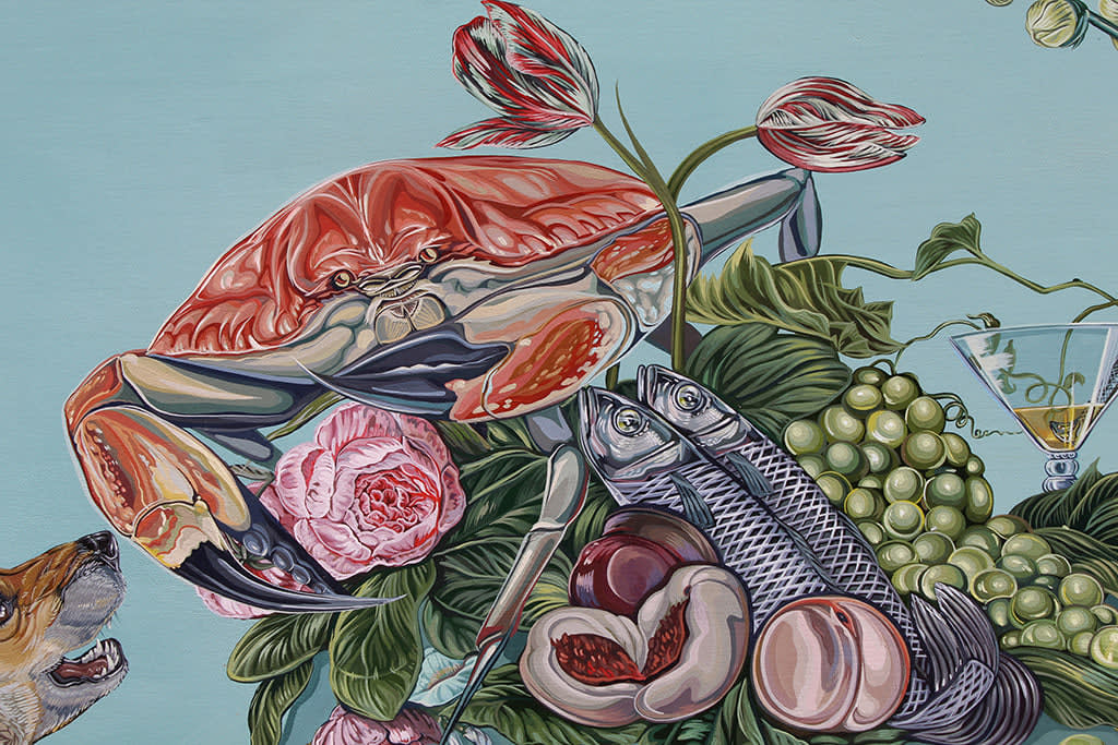 Detail of Sabrina Bockler painting of feast on table, flowers, fruit, lobsters, etc