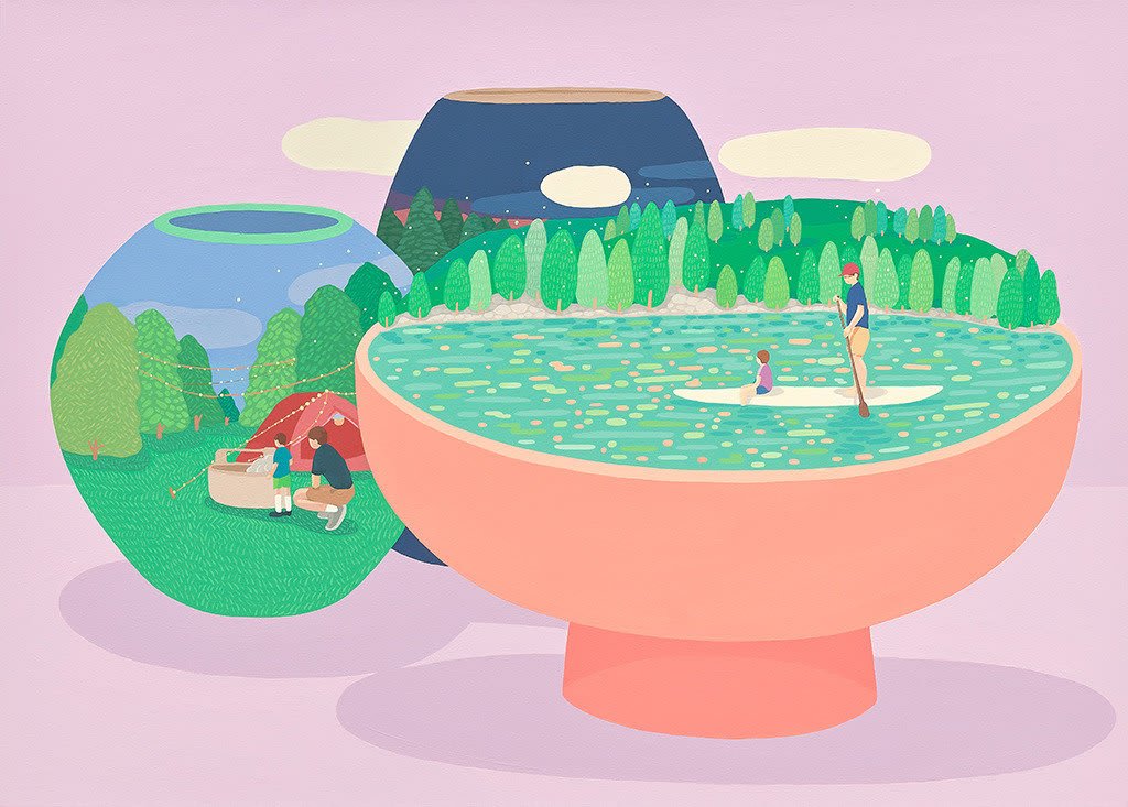Danym Kwon - painting of vases and a bowl. On one vase painted a father bringing his son to camping in a forest, in the bowl was a forest and a lake, the father and son doing stand up paddle board. The background is pastel purple.
