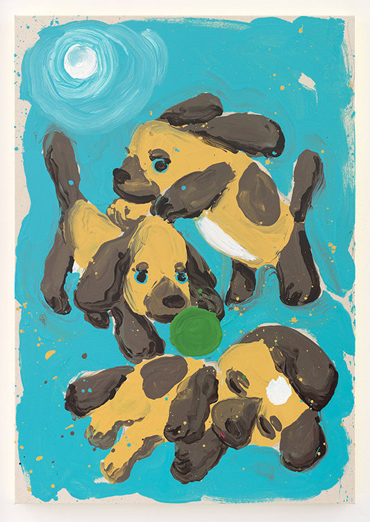David Surman - painting with cyan background and white sun in the left top corner, three dogs stacking on top of each other, the top two are playing a green ball, the bottom one is sleeping