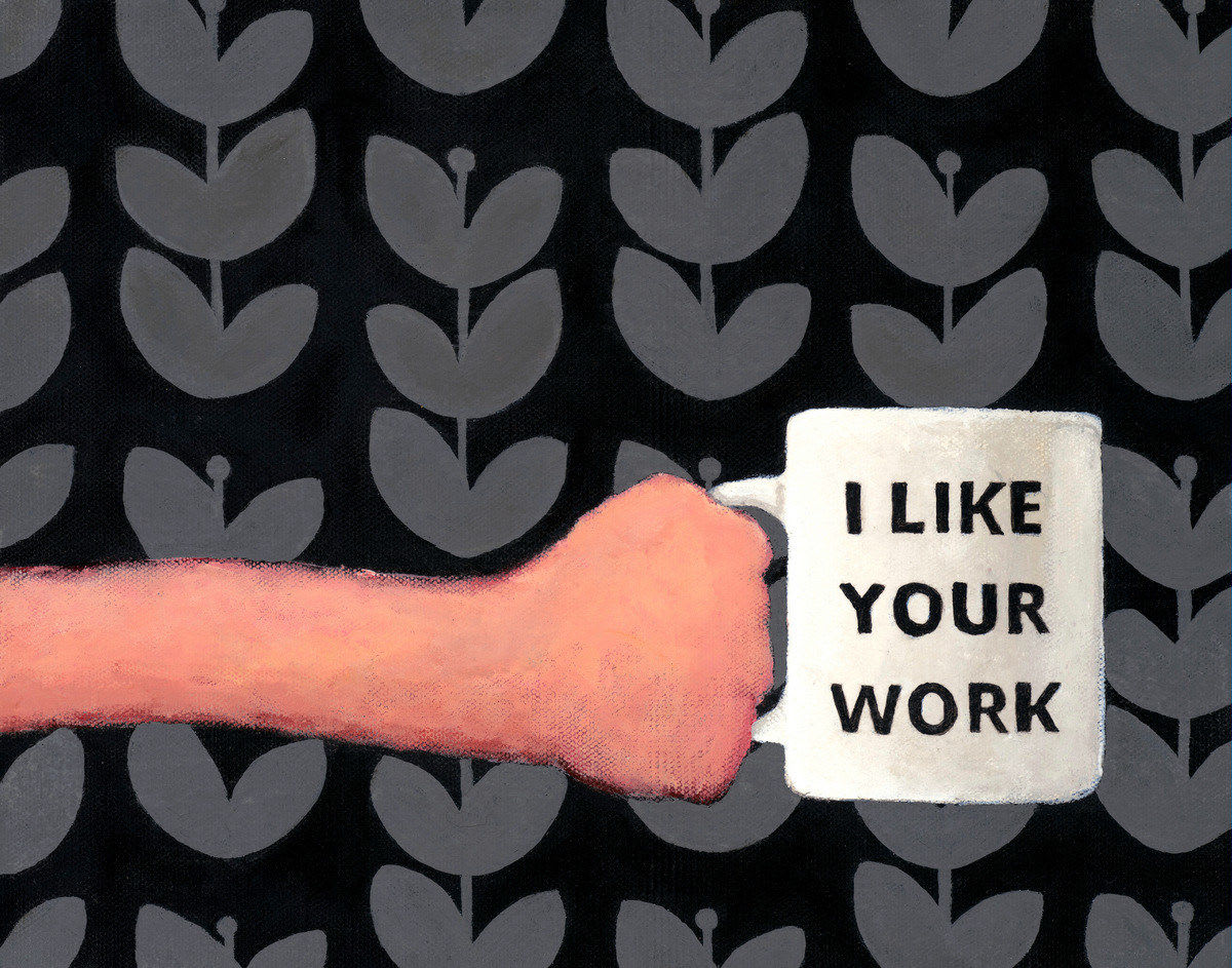 Painting of an arm and hand holding a white coffee mug that says