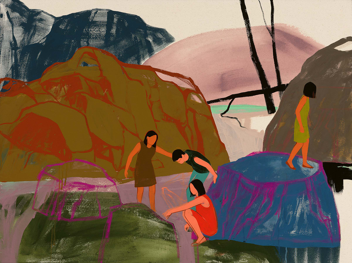 4 people climbing among various colored rocks