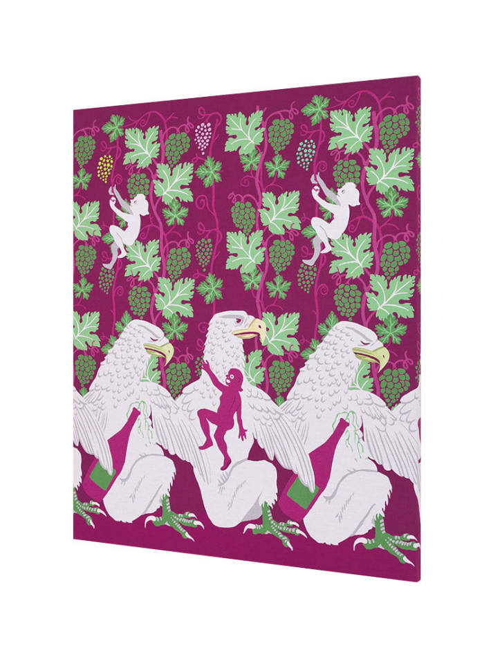 Oona Brangam-Snell hand-woven embroidery of eagles, grapes, and figures climbing