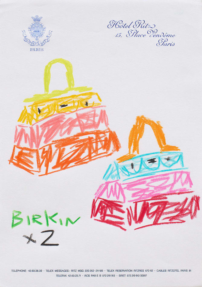 Drawing of two Birkin bags with bright stripes and the words Birkin x2 below it on hotel stationery