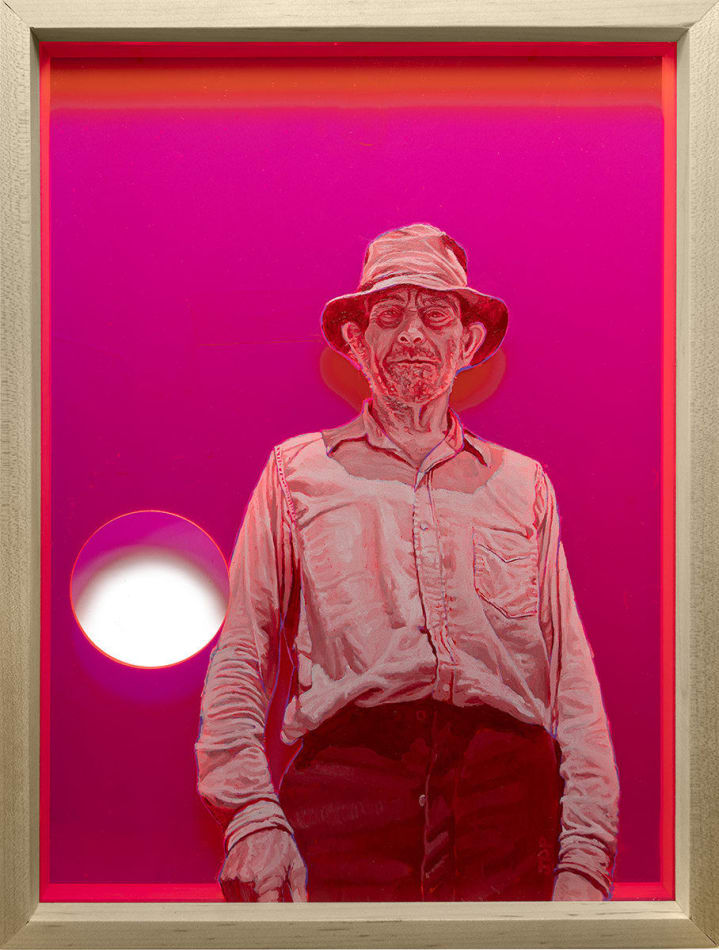 painting of a pink man over a hot pink background