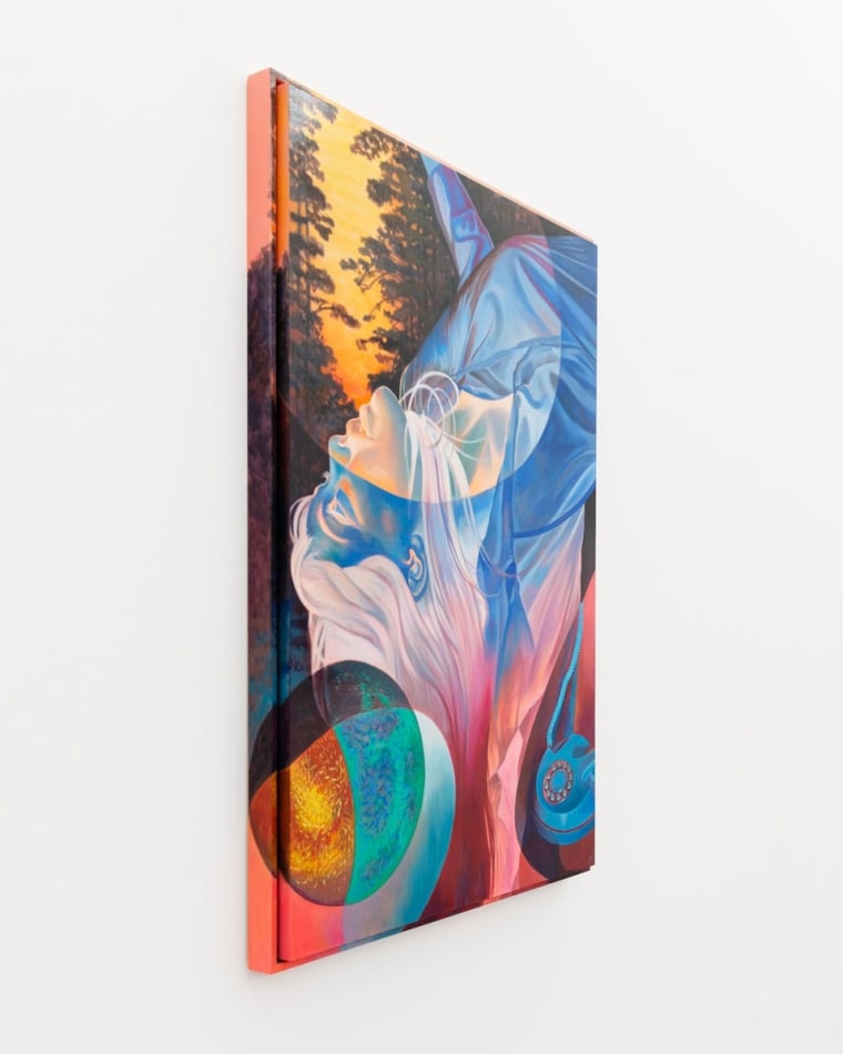 Painting of a ghost like figure floating amongst trees and a planet