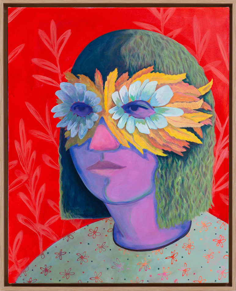Genevieve Cohn painting of purple woman on red background, wearing feather eye mask