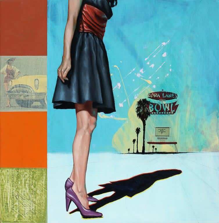 Craig Barker painting of woman from chest down with bowling alley in background