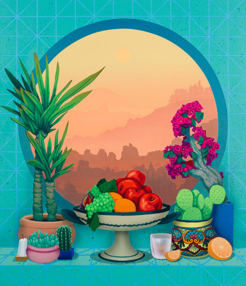 painting of brightly colored fruits and plants in front of a window in a turquoise room