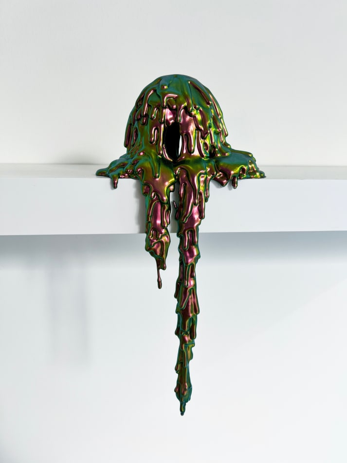 Dripping sculpture in black, green and purple chrome by Dan Lam