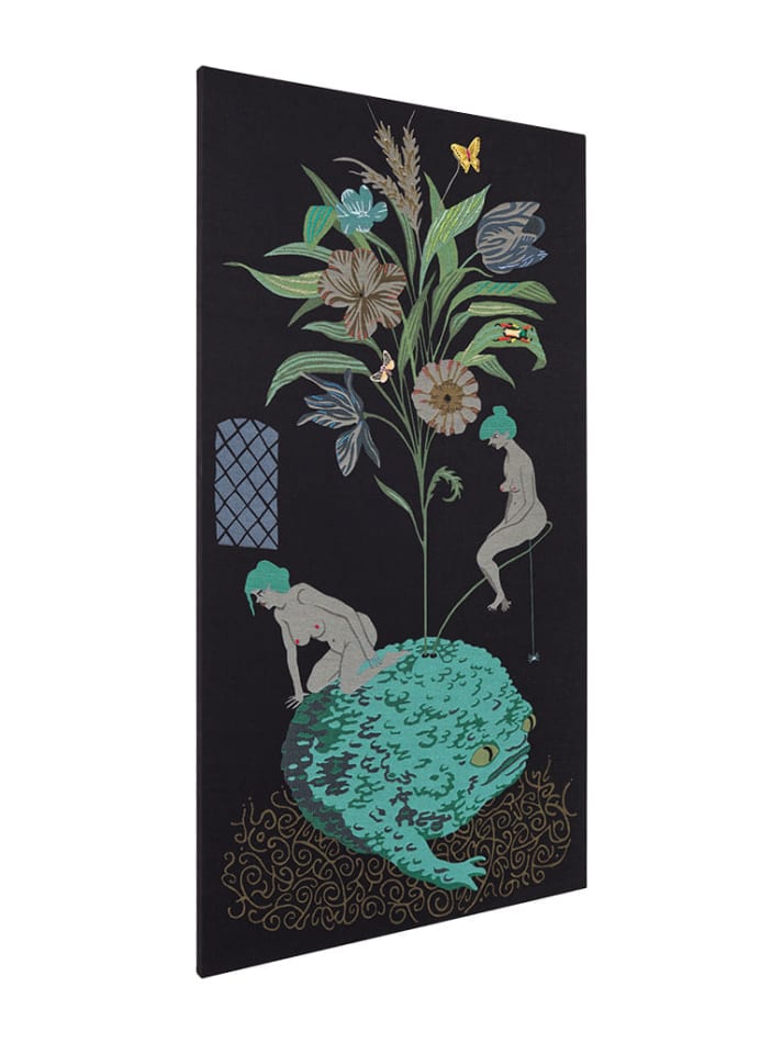Oona Brangam-Snell hand-woven embroidery of large frog, flowers and fairy like women