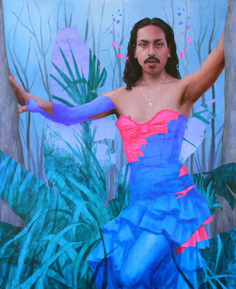 Painting of a person with long dark hair and facial hair. They are wearing a corset dress. In the background is tall grass.