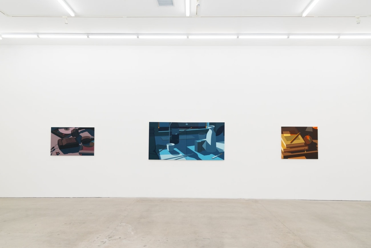 Installation view of Adrian Kay Wong's painting Evening (Inhale, Exhale) in the gallery in between the paintings Softly and Reminder.