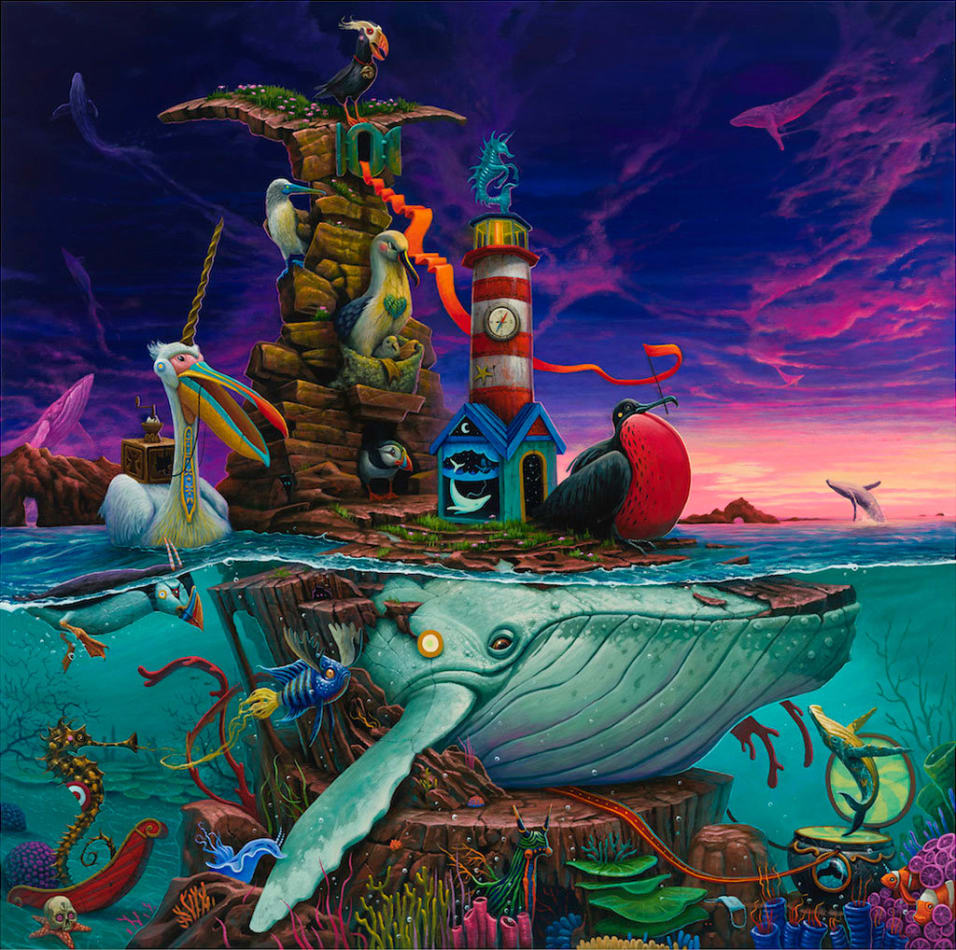 Dulk painting of whale underwater with pelicans, toucans and lighthouse above