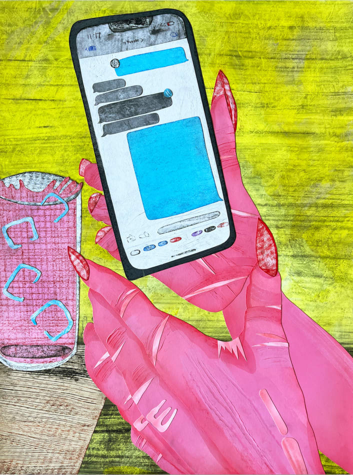 Collage painting of pink hands holding an iPhone with a text message app up and a glass of a pink drink with ice cubes in the background on a bright lime green background.