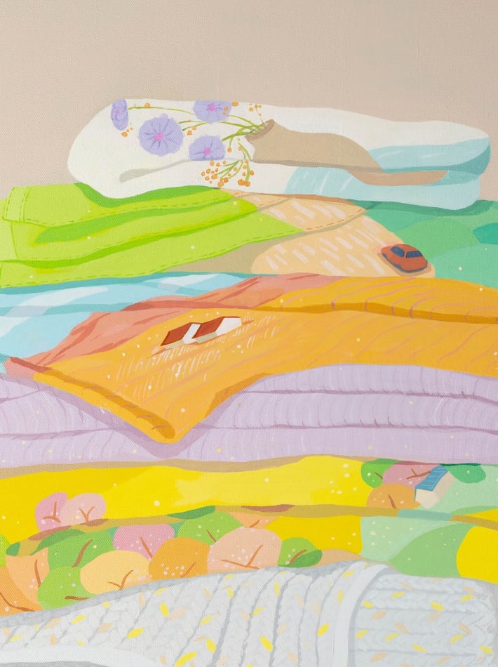Danym Kwon painting of stacked folded sheets with patterns, trees, florals, etc