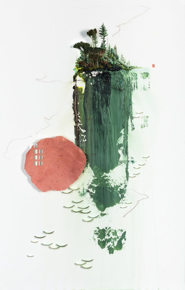 Gregory Euclide - mix media work of abstracted nature scene with a major color palette of green and red.