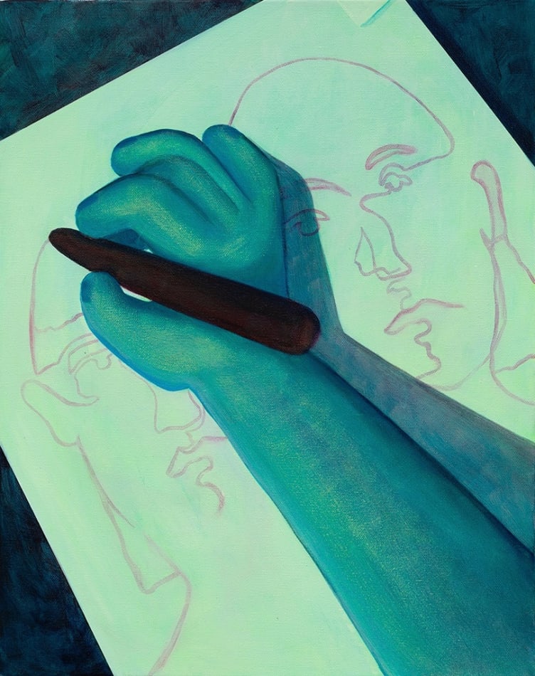 painting of a blue hand drawing a contour line drawing of two faces