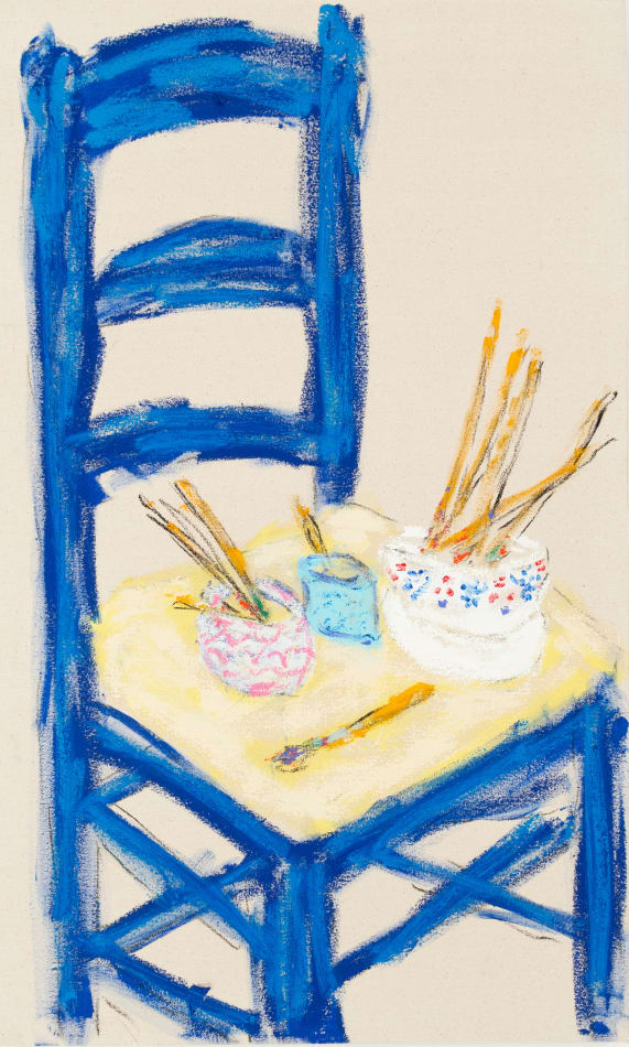 Still life painting of a blue wooden chair with two small cups on the seat filled with paintbrushes.