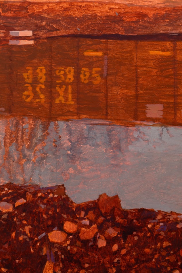 Painting of a freight train. Puddles of water reflect the train in the water and trees in the background are bare from winter.