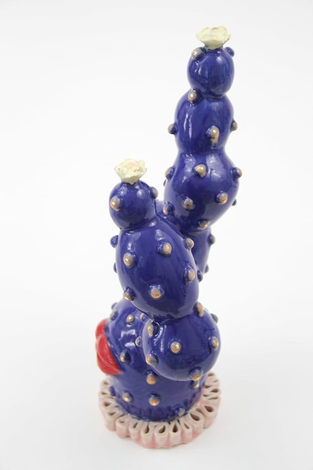 Jen Dwyer sculpture - blue cactus plant with large red lips on bottom
