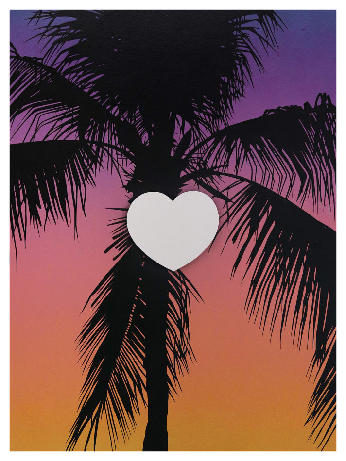 painting of a heart over the silhouette of a palm tree