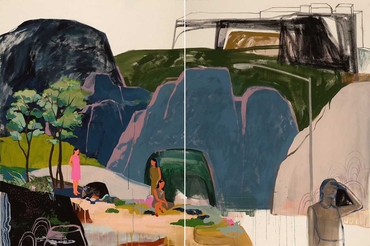 group of woman standing in front of caves and a roughly sketched out foreground