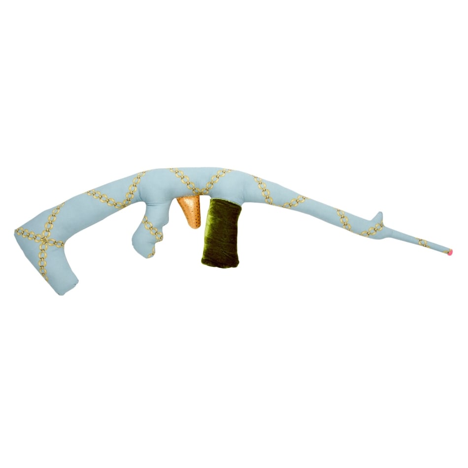 Natalie Baxter soft sculpture of blue rifle