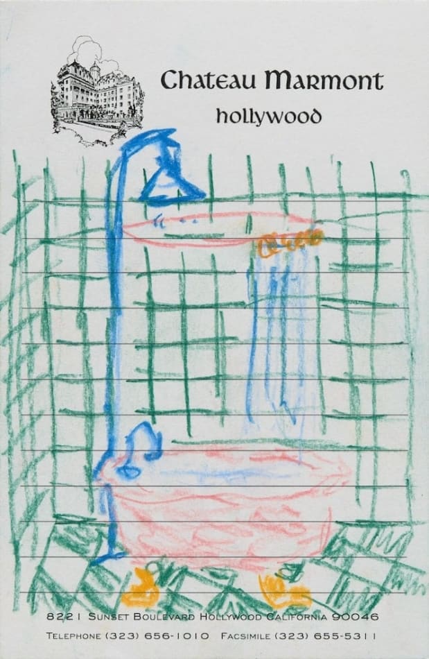 sketch of a bathtub in a bathroom done on hotel notepad paper